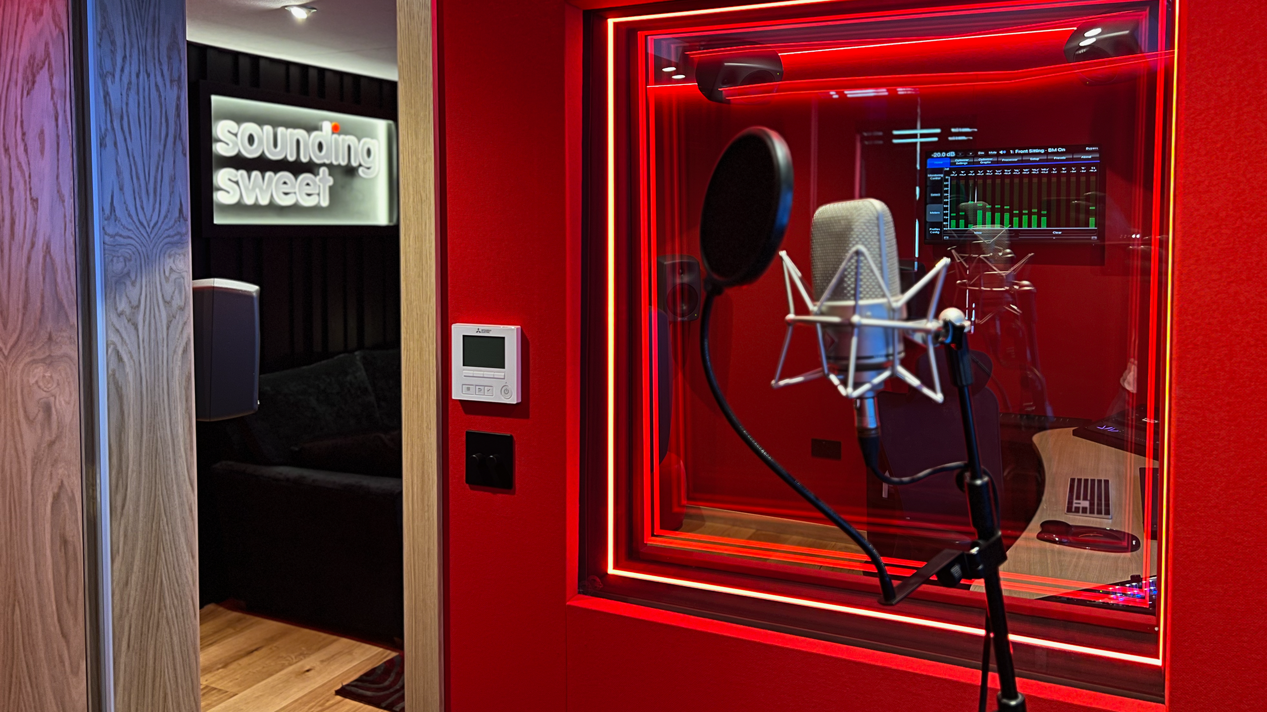 Large diaghram condensor in recording studio set up for dialogue capture